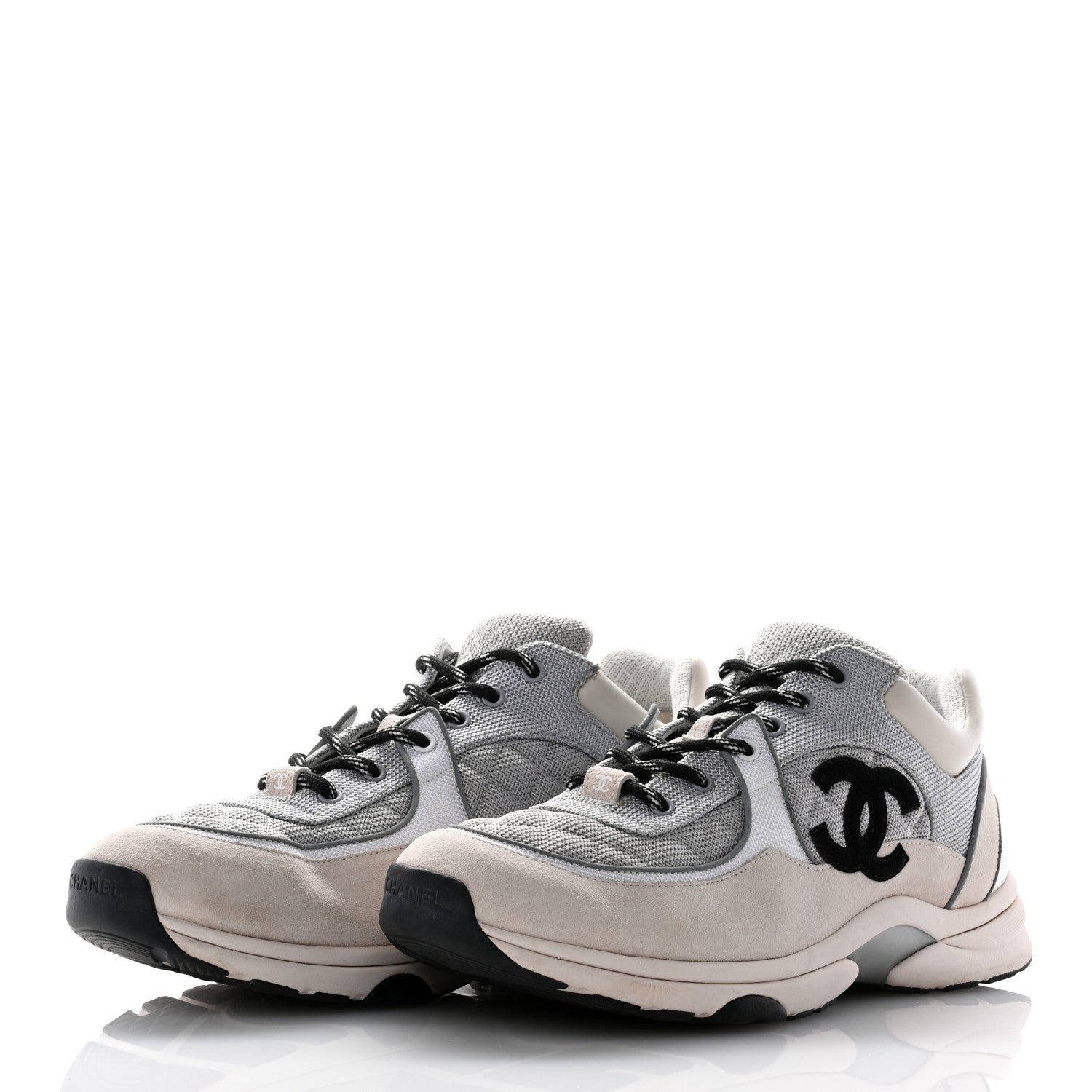 Chanel Mesh Suede Calfskin Grained Calfskin Mens CC Sneakers 45 Gray White 4 of 18