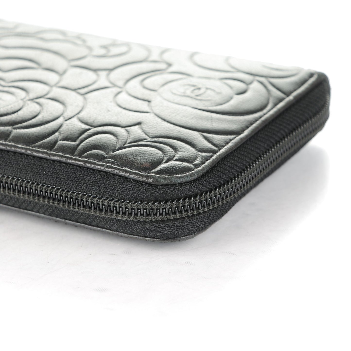 Lambskin Camellia Embossed Large Zip Around Gusset Wallet Black