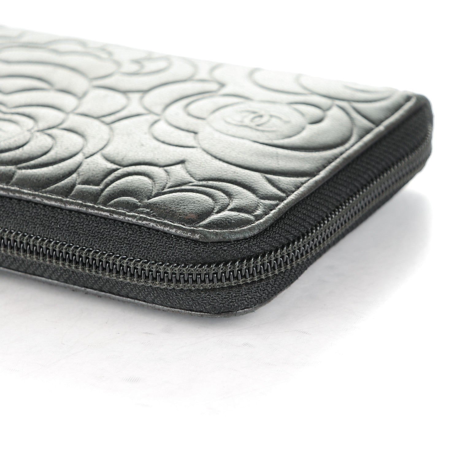 Chanel Lambskin Camellia Embossed Large Zip Around Gusset Wallet Black 12 of 13