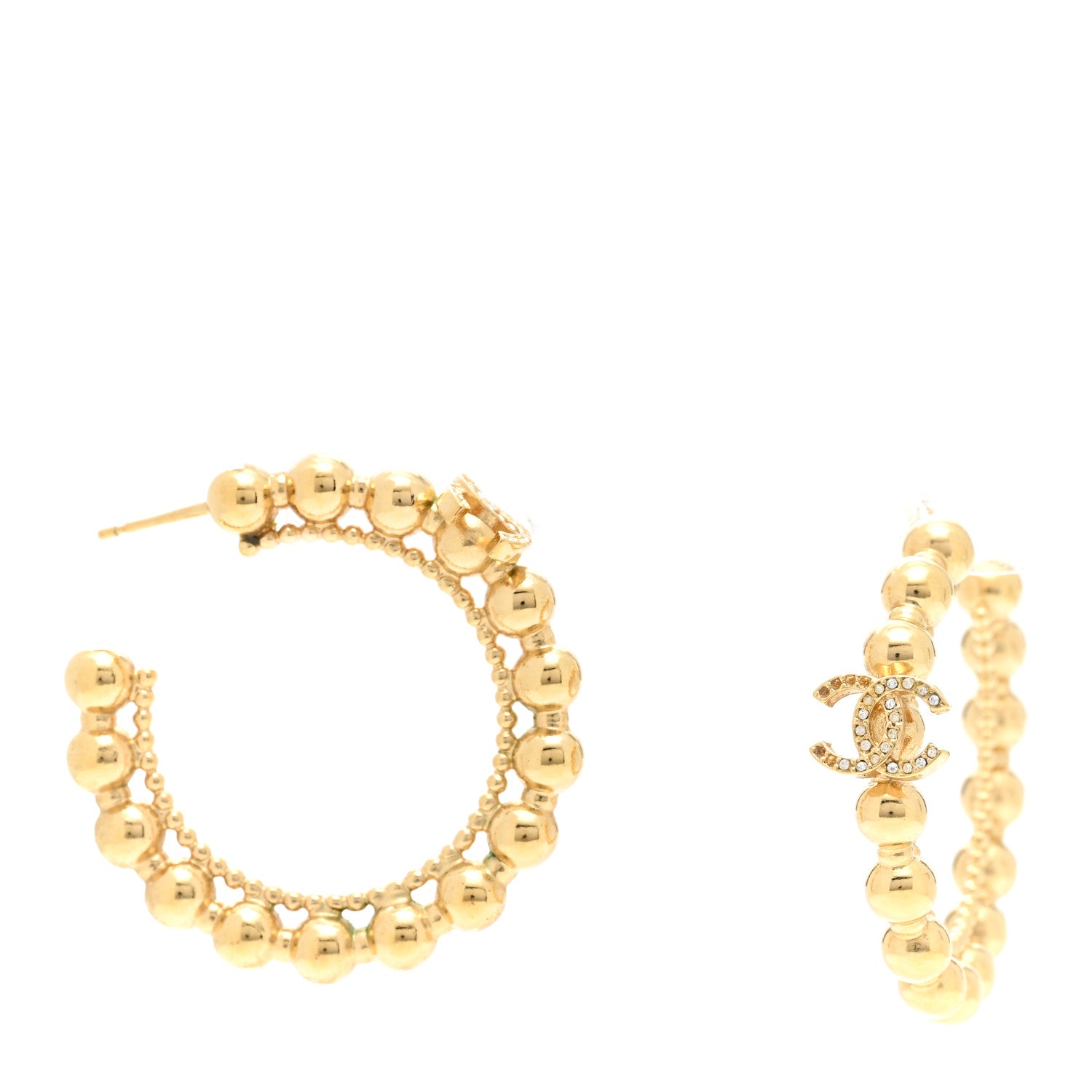 Chanel Crystal Bead CC Hoop Earrings Gold 1 of 6