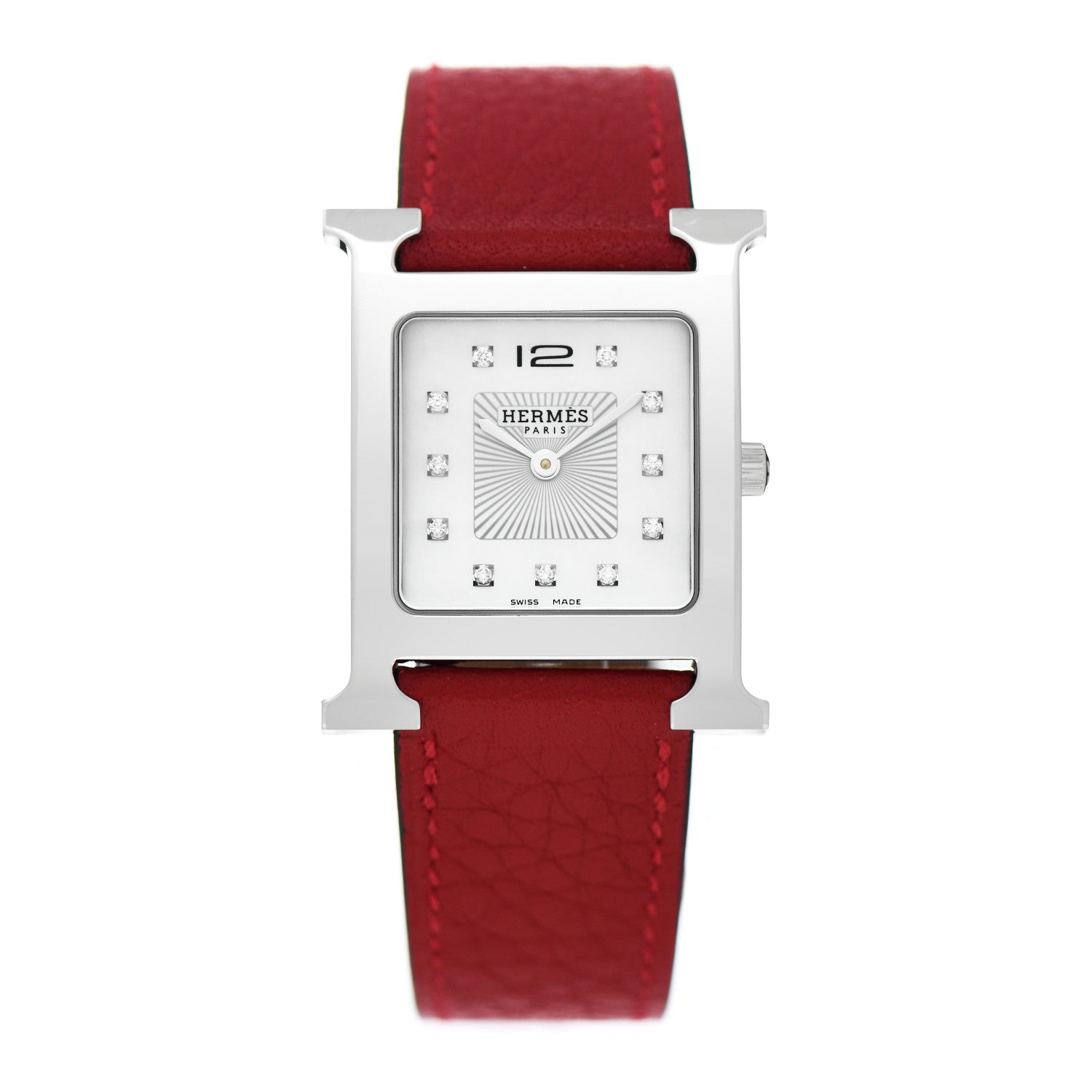 Hermes Stainless Steel Courchevel Diamond Mother of Pearl 26mm Heure H Hour Quartz Watch Rouge 1 of 5