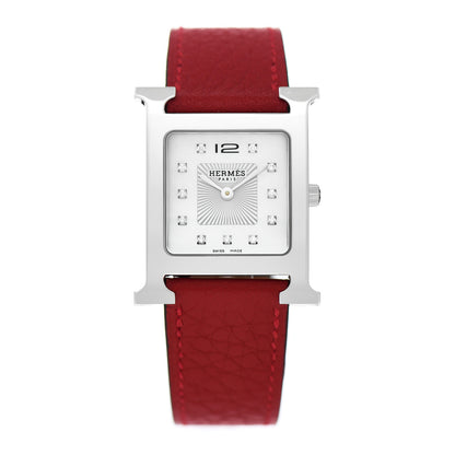 Hermes Stainless Steel Courchevel Diamond Mother of Pearl 26mm Heure H Hour Quartz Watch Rouge 1 of 5