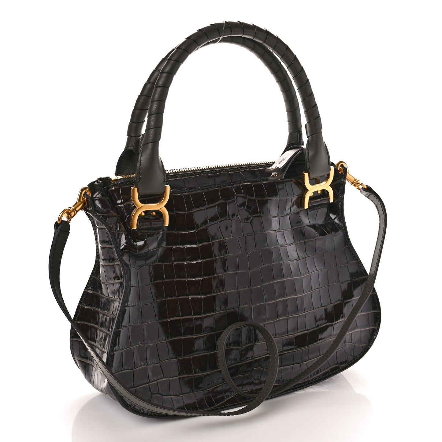 Calfskin Crocodile Embossed Small Marcie Satchel Profound Brown