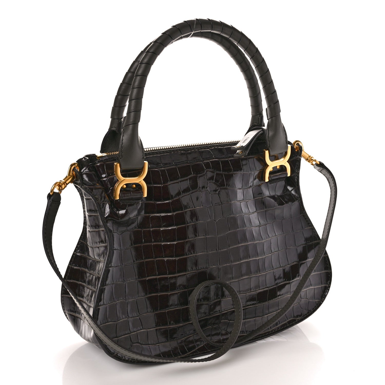 Chloe Calfskin Crocodile Embossed Small Marcie Satchel Profound Brown 3 of 10