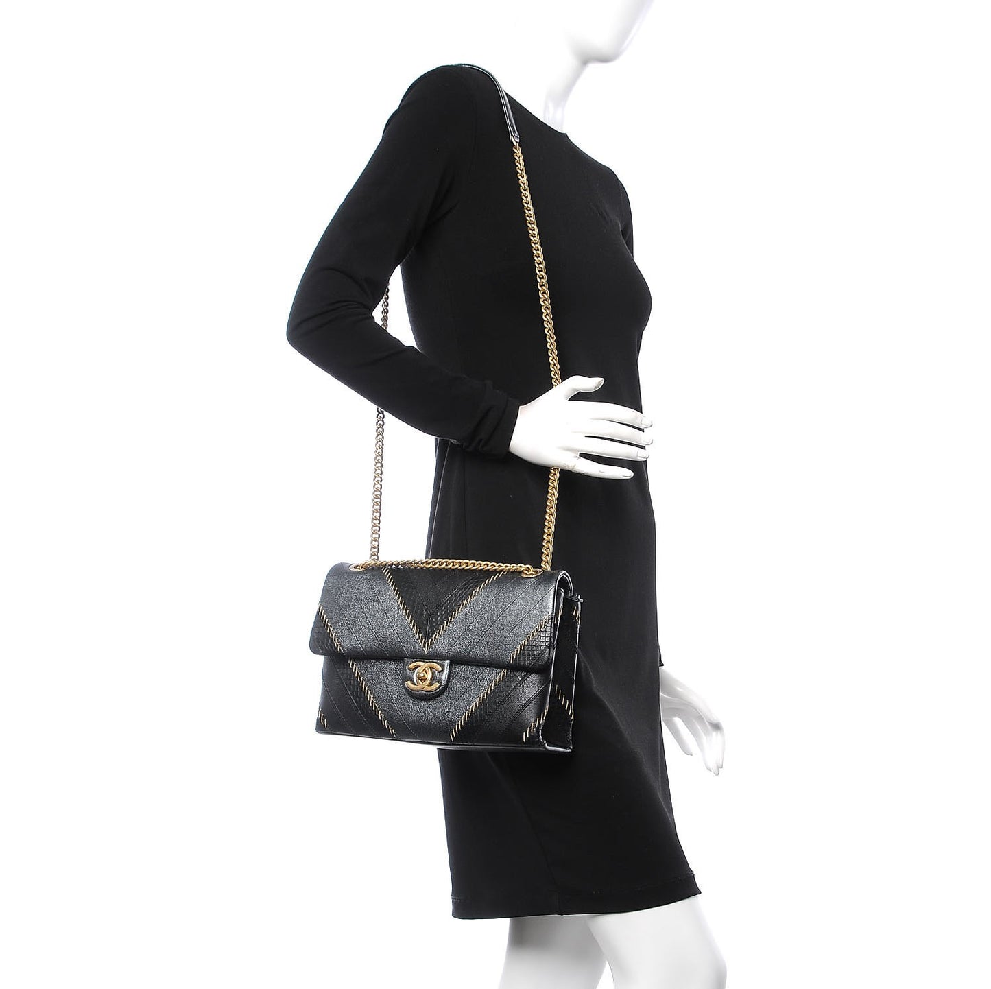 Calfskin Python Patchwork Chevron Medium Flap Black Silver