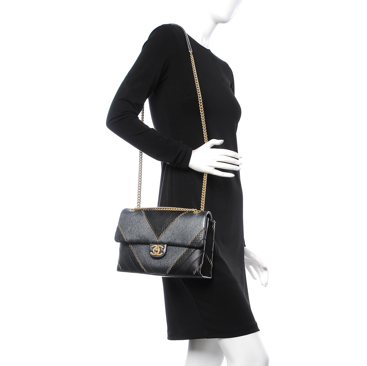 Chanel Calfskin Python Patchwork Chevron Medium Flap Black Silver 2 of 8