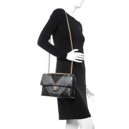 Chanel Calfskin Python Patchwork Chevron Medium Flap Black Silver 2 of 8