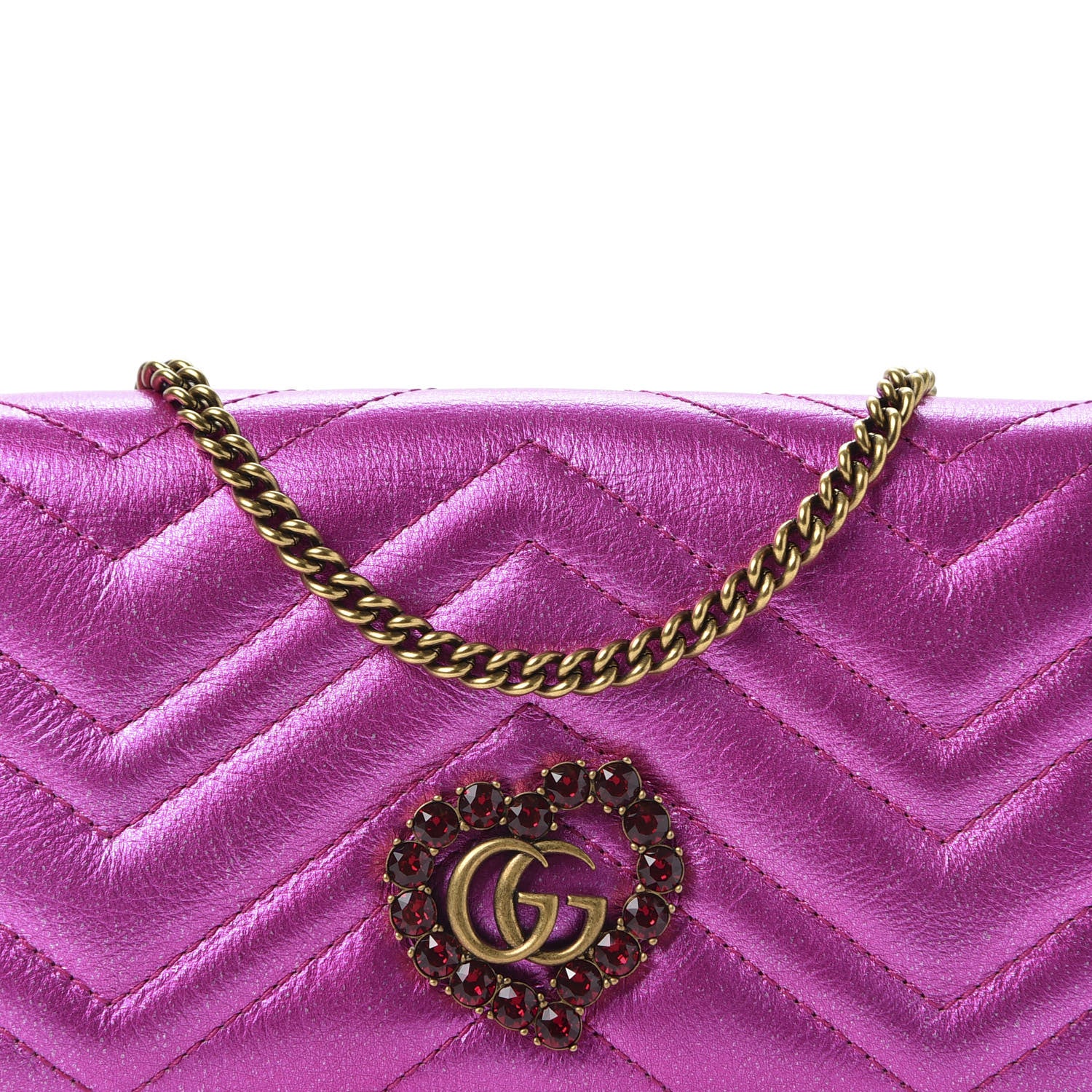 Gucci Metallic Calfskin Matelasse Crystal GG Marmont Mini Bag Fuchsia 8 of 8