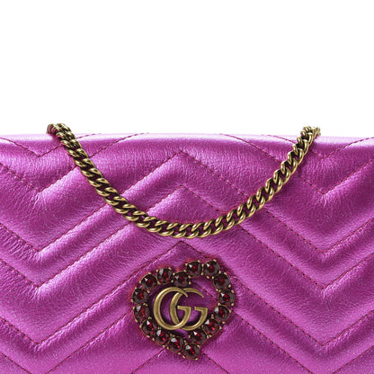 Gucci Metallic Calfskin Matelasse Crystal GG Marmont Mini Bag Fuchsia 8 of 8