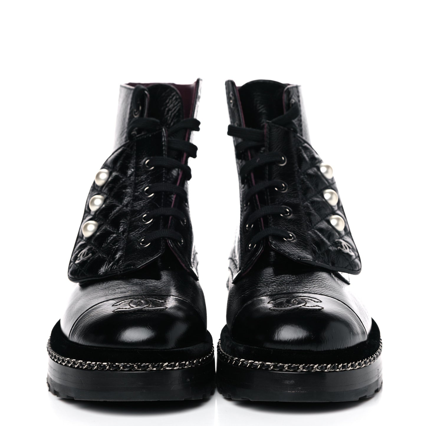 Crackled Calfskin Velvet Pearl Combat Short Boots 38 Black