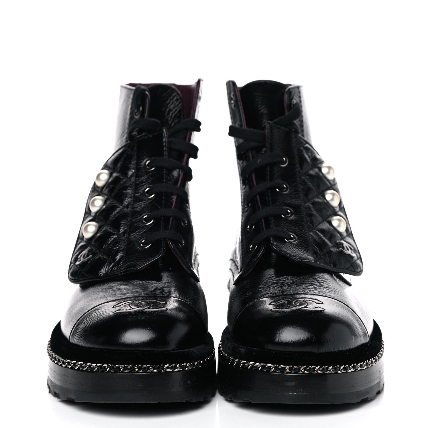 Chanel Crackled Calfskin Velvet Pearl Combat Short Boots 38 Black 2 of 14