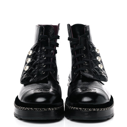 Chanel Crackled Calfskin Velvet Pearl Combat Short Boots 38 Black 2 of 14