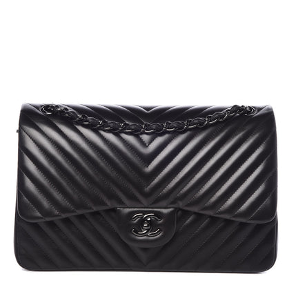 Chanel Lambskin Chevron Quilted Jumbo Double Flap So Black 1 of 9