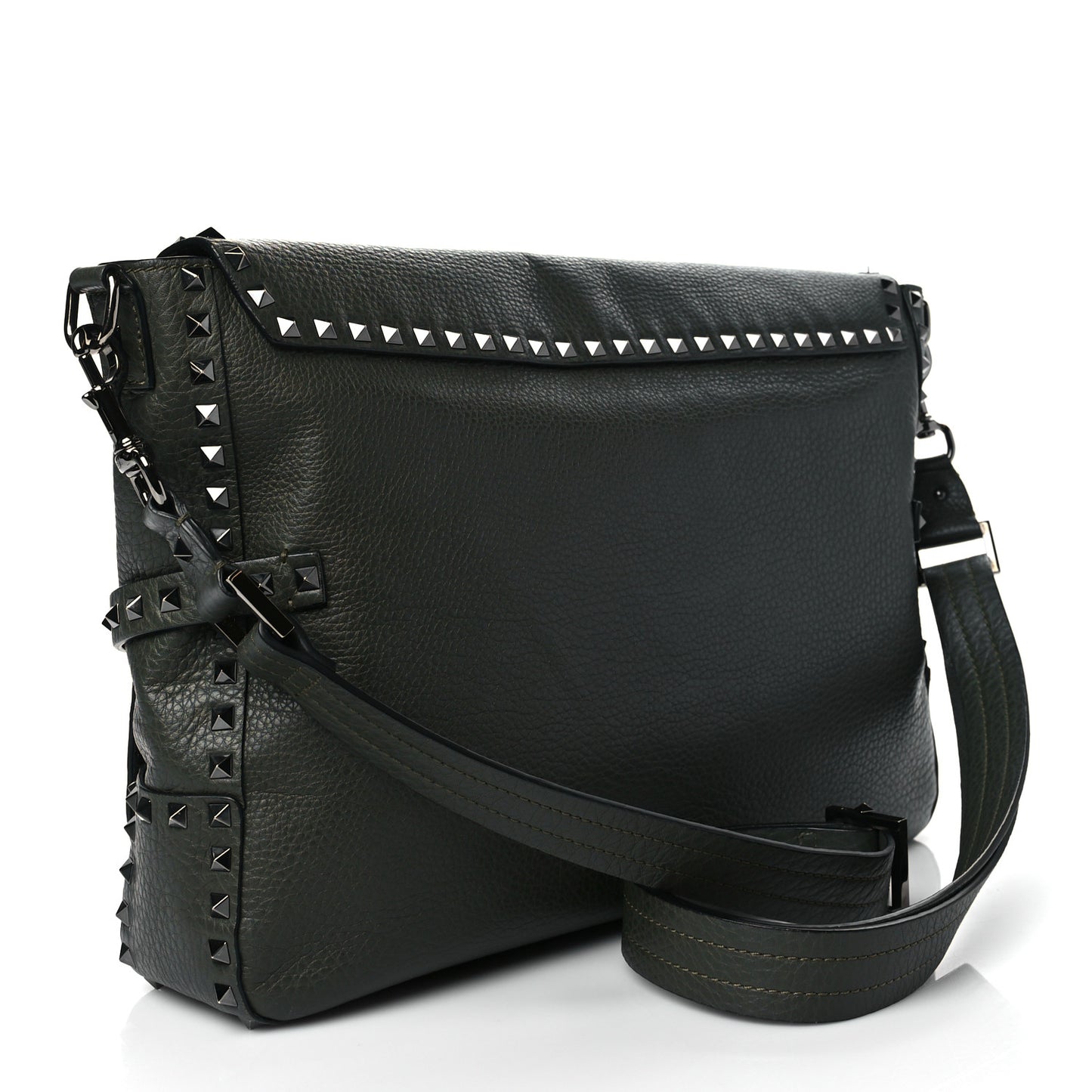 Pebbled Calfskin Rockstud Messenger Green