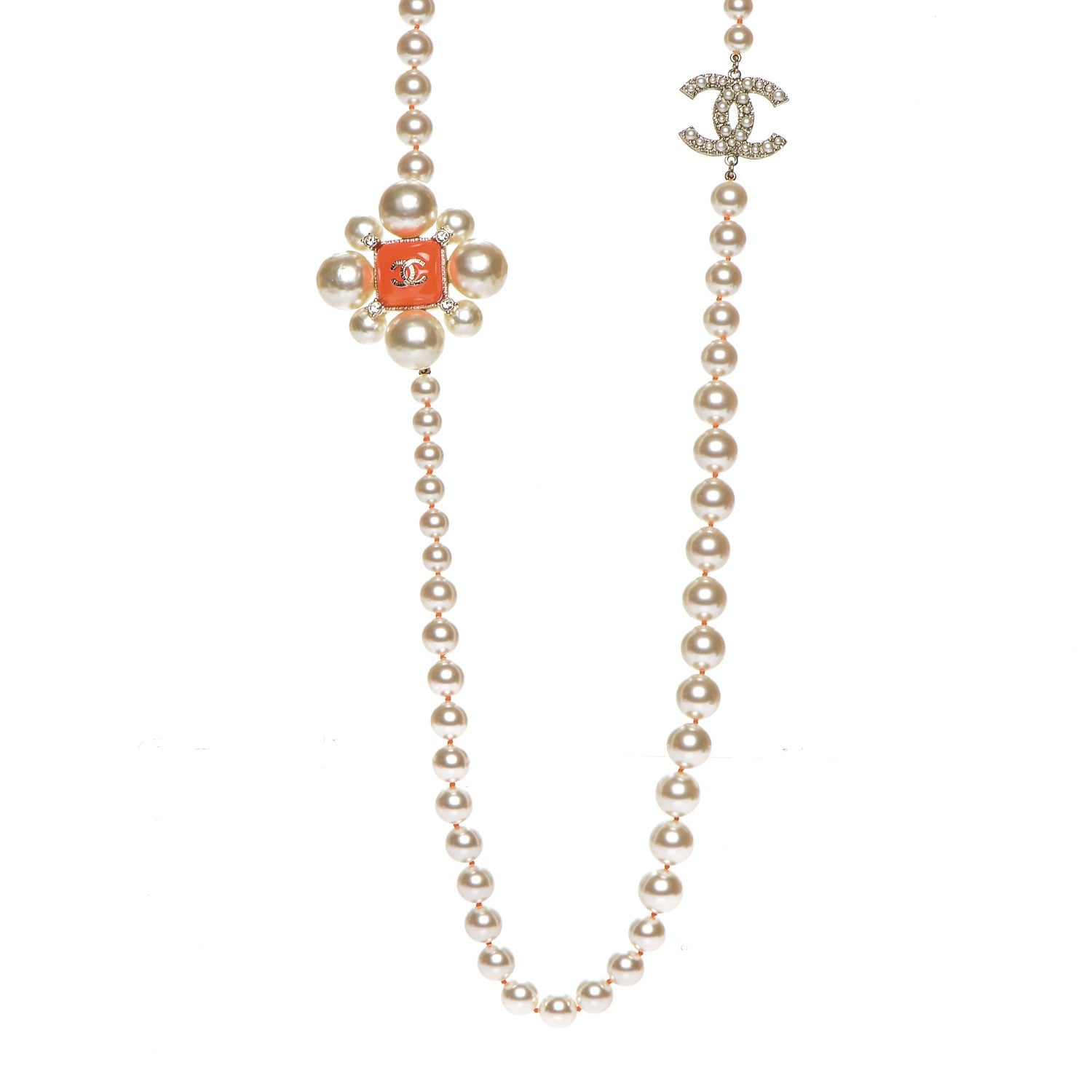 Chanel Pearl Crystal Gripoix CC Long Necklace Gold Pearly White Orange 1 of 5