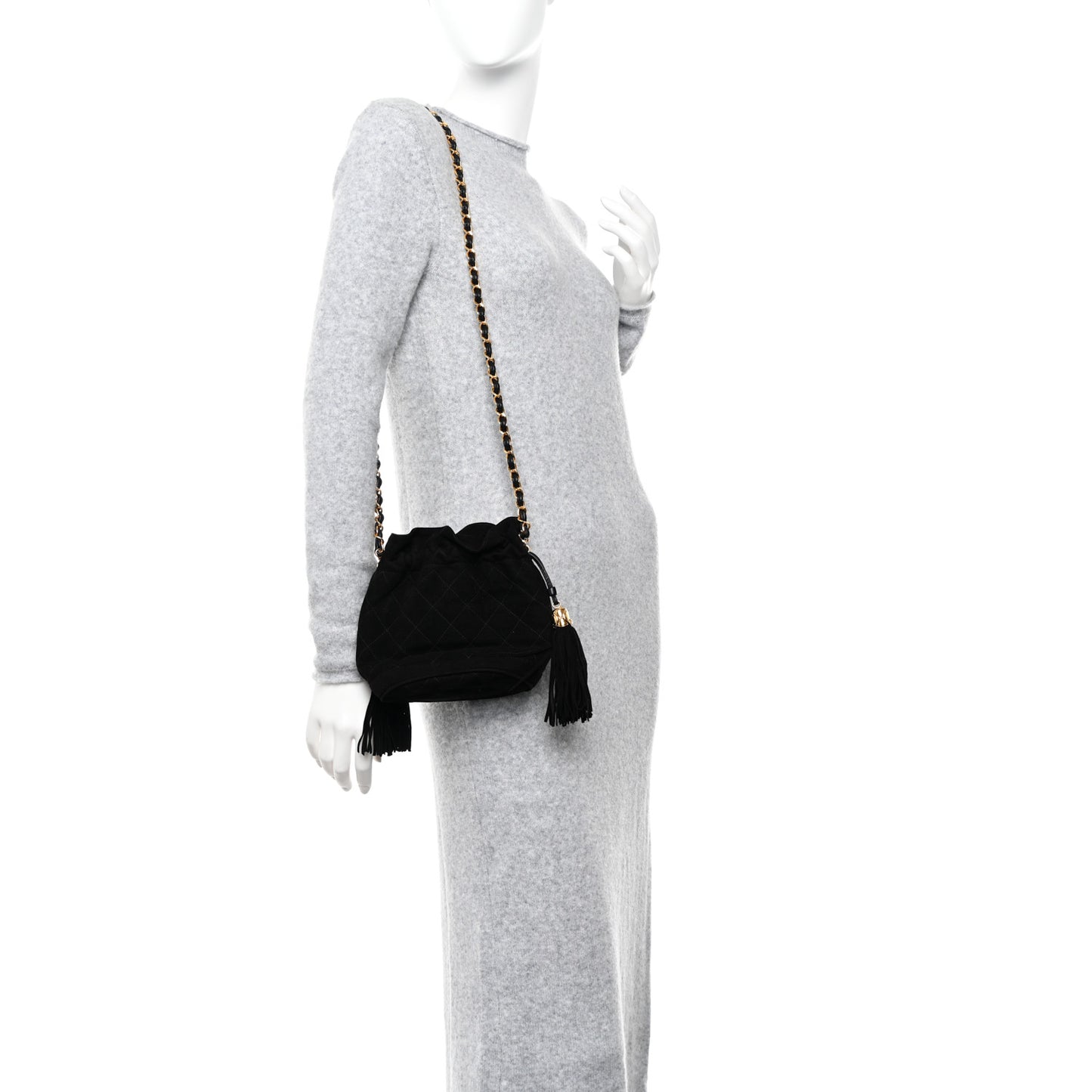 Suede Drawstring Tassel Bucket Bag Black