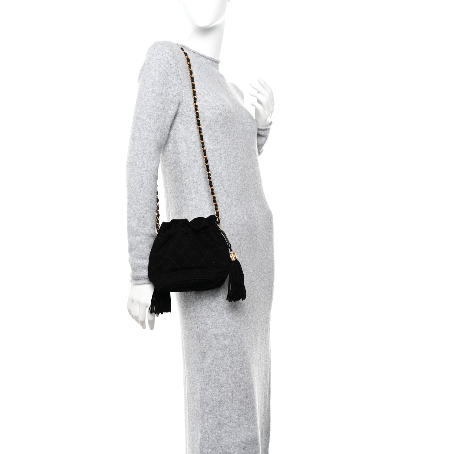 Chanel Suede Drawstring Tassel Bucket Bag Black 2 of 9