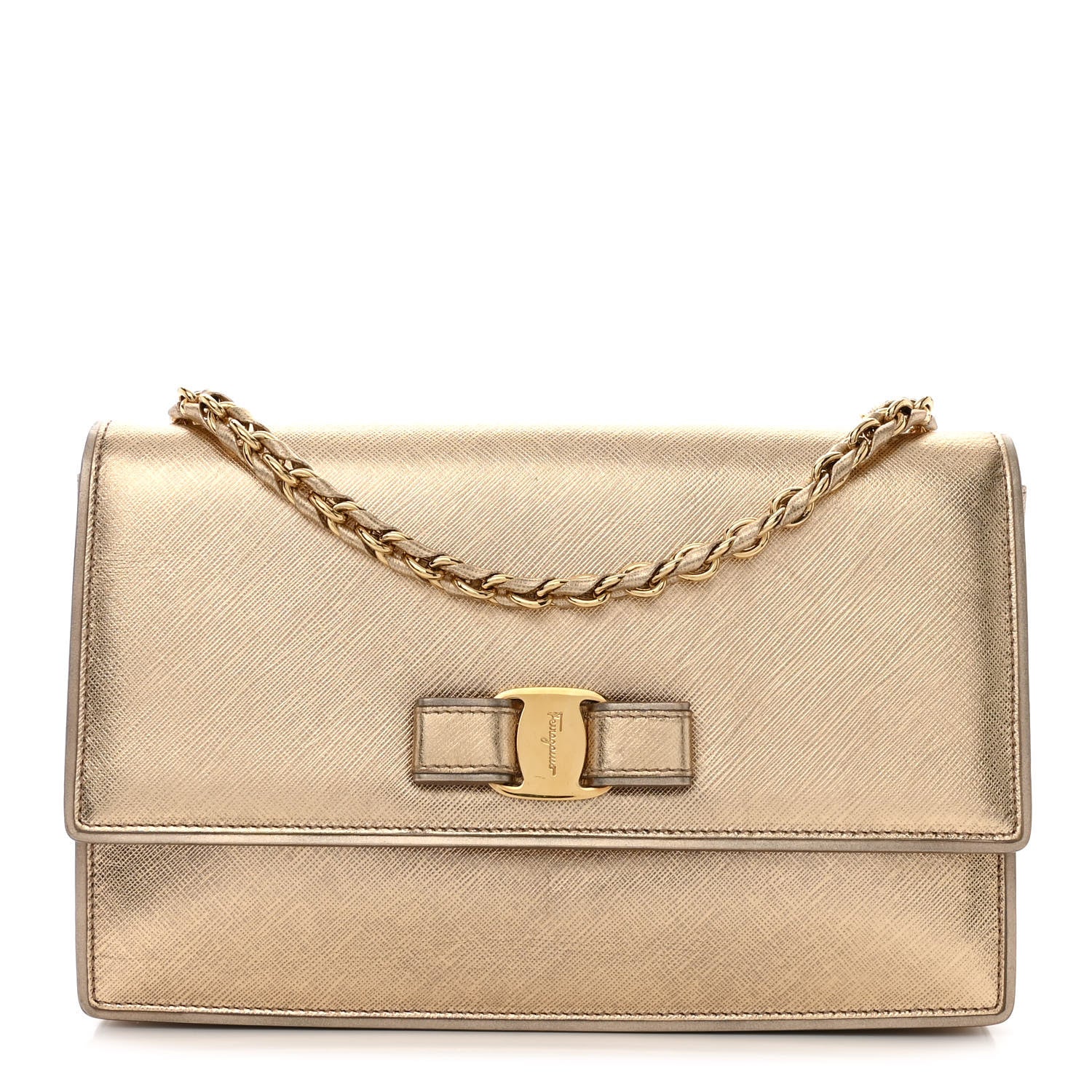 Salvatore Ferragamo Hammered Calfskin Ginny Shoulder Bag Gold 1 of 10