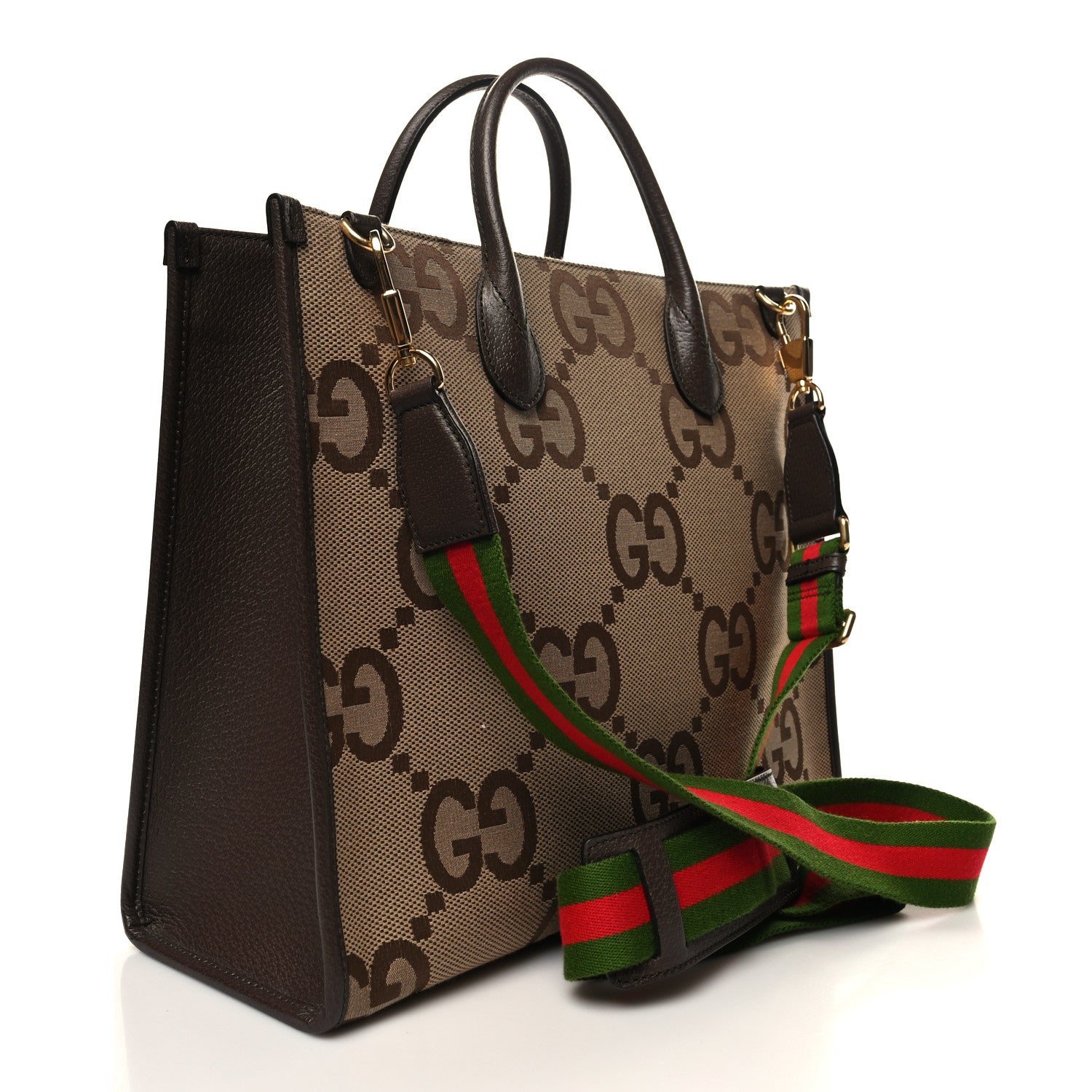 Gucci Monogram Jumbo GG Textured Dollar Calfskin Web Tote Bag Camel Ebony New Acero 3 of 12
