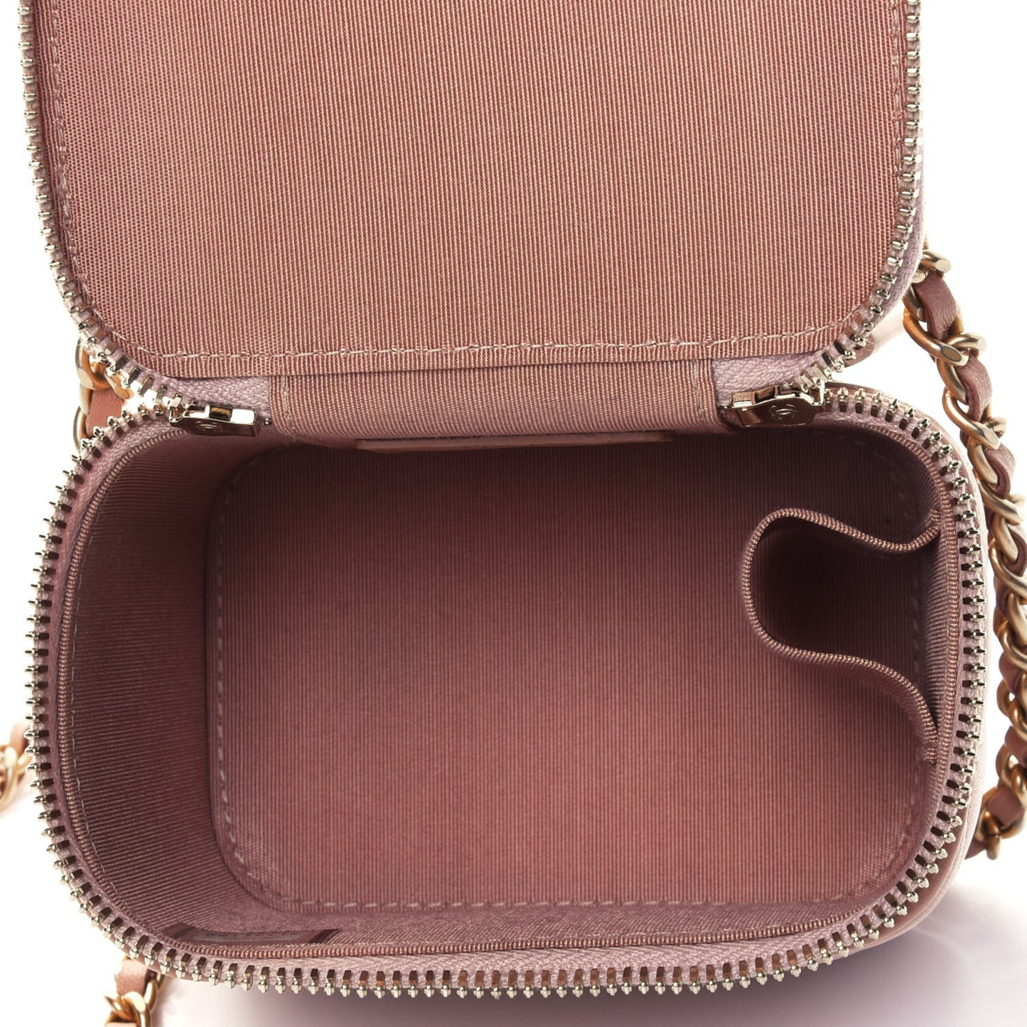 Lambskin Quilted Top Handle Mini Vanity Case With Chain Beige