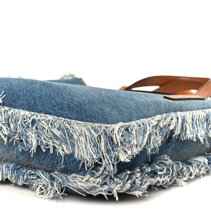 Fendi Denim Lavato Vitello King Logo Embroidered Frayed Tote Denim Chiaro Cuoio 10 of 10