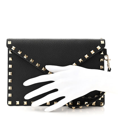 Valentino Garavani Pebbled Calfskin Medium Rockstud Envelope Flat Wristlet Pouch Black 2 of 8