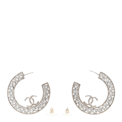 Chanel Metal Crystal CC XL Hoop Earrings Silver 3 of 5