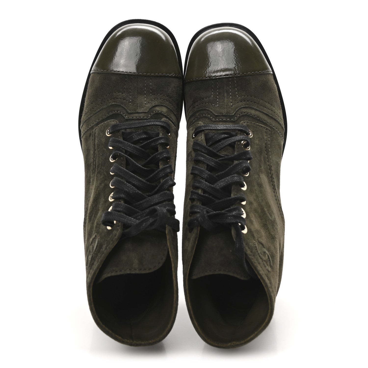 Chanel Suede Patent Cap Toe CC Boots 40 Khaki 2 of 9