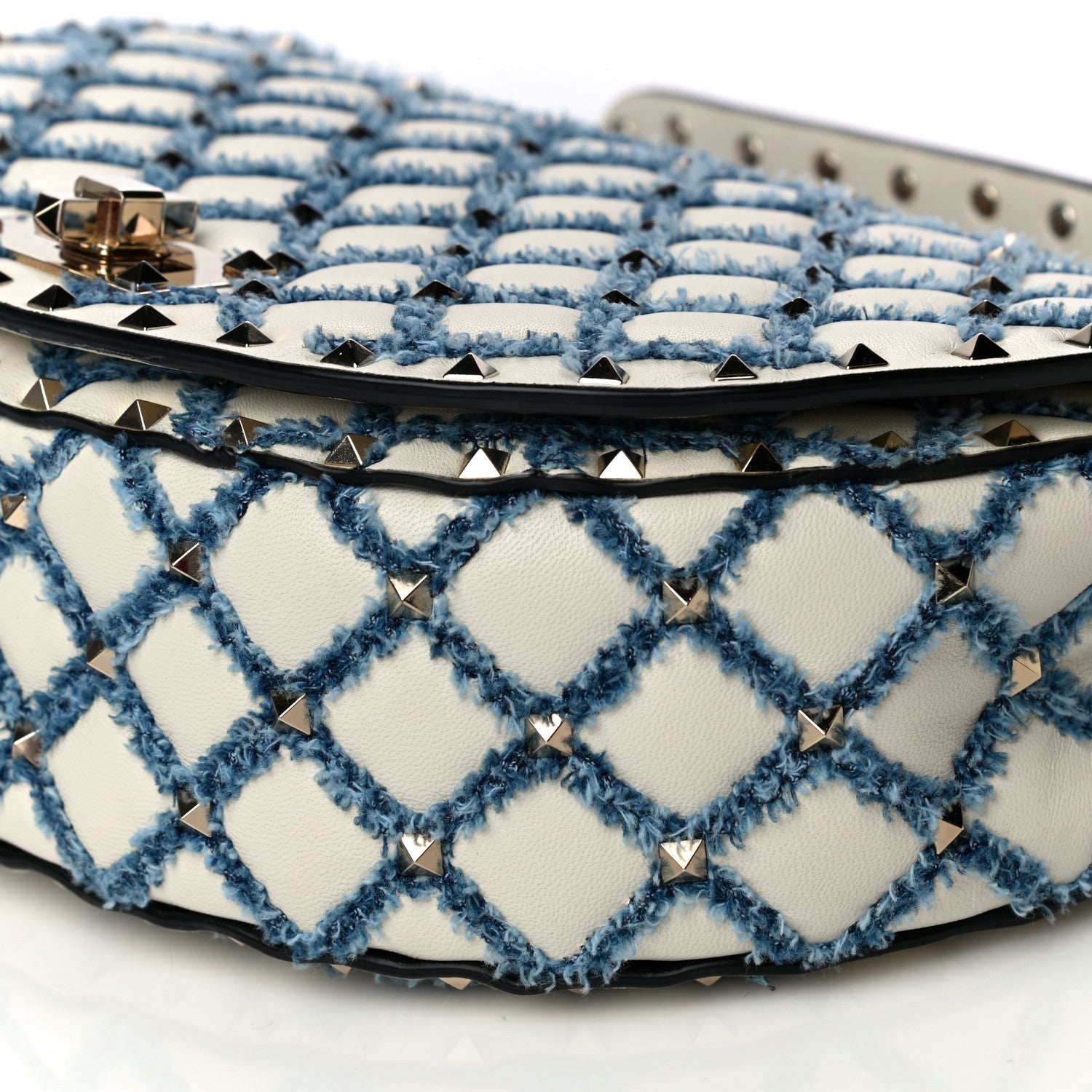 Valentino Garavani Nappa Denim Medium Rockstud Spike Halfmoon Saddle Bag Ivory Blue 10 of 14