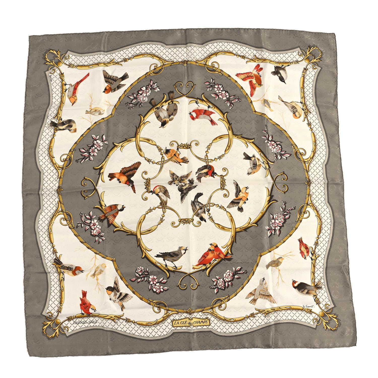 Hermes Silk La Cle Des Champs Scarf 90 Grey Multicolor 1847970