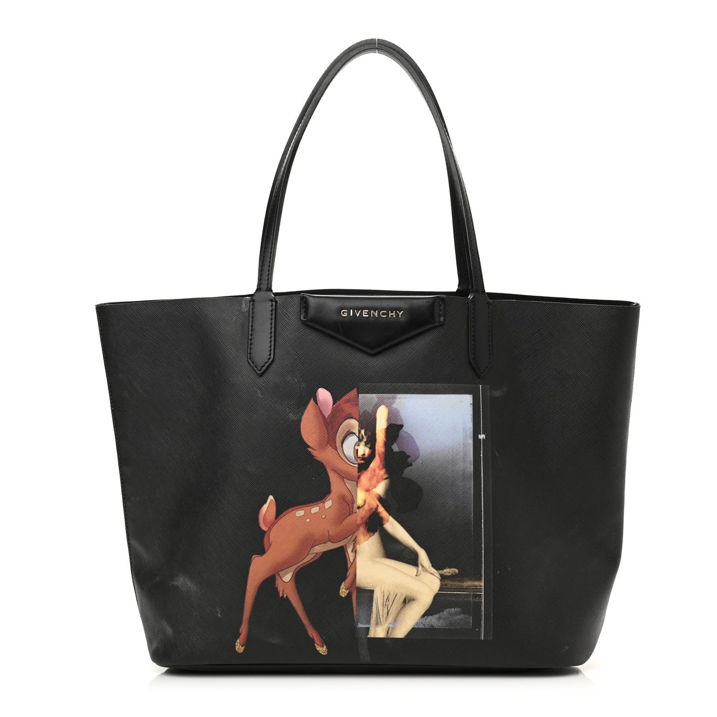 Textured Coated Canvas Bambi Print Large Antigona Tote Black