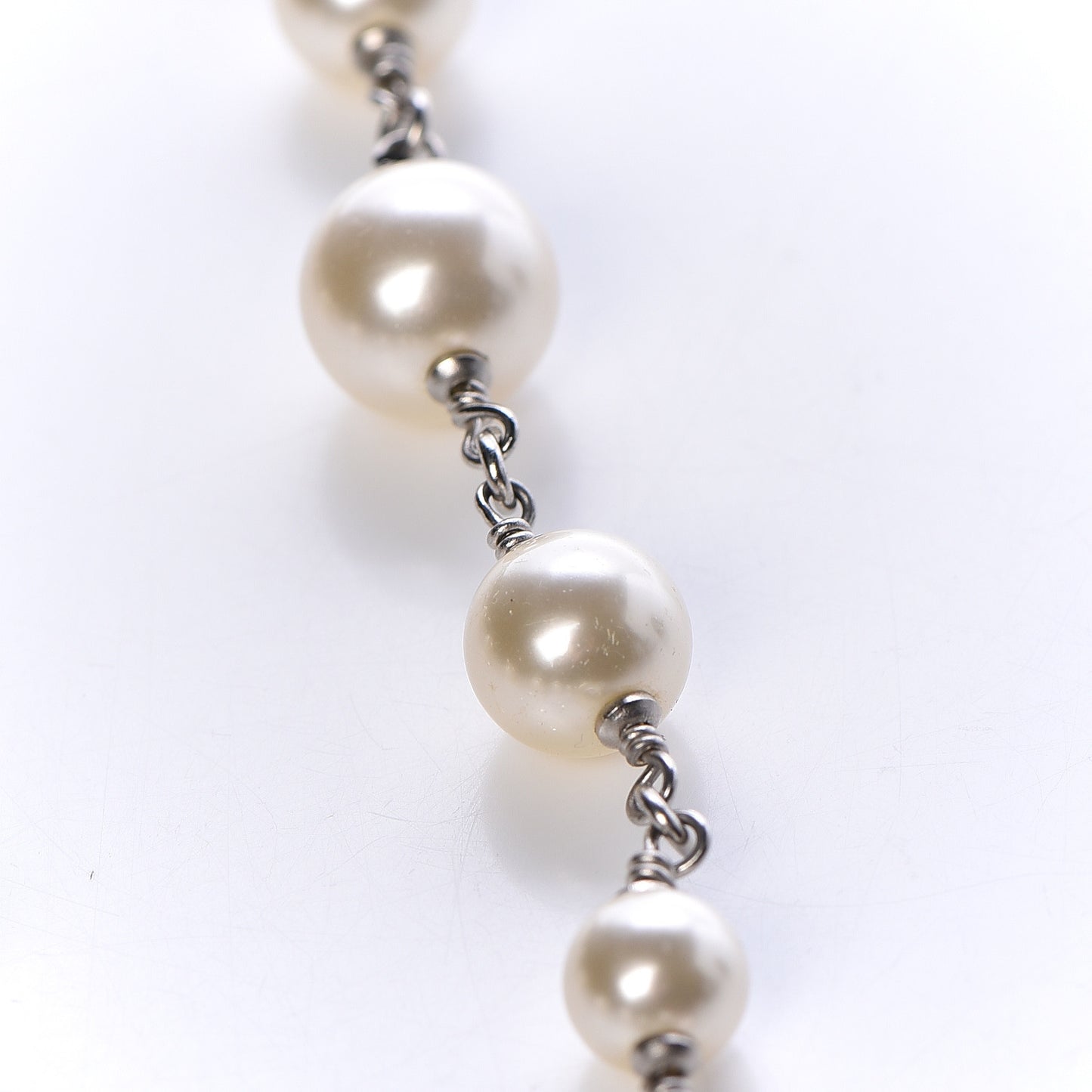 Graduated Pearl Crystal CC Long Necklace Silver