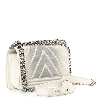 Chanel Lizard Chevron Stitched Small Boy Flap White Silver 3 of 17