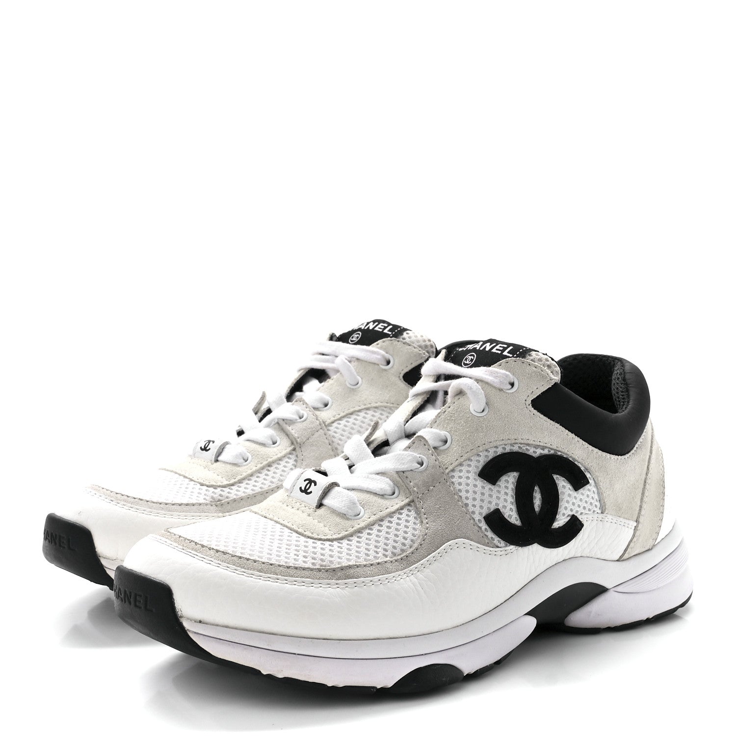 Chanel Mesh Suede Calfskin Grained Calfskin Womens CC Sneakers 38.5 White Black 3 of 8