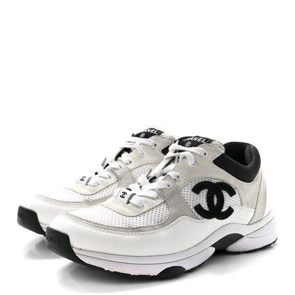 Chanel Mesh Suede Calfskin Grained Calfskin Womens CC Sneakers 38.5 White Black 3 of 8
