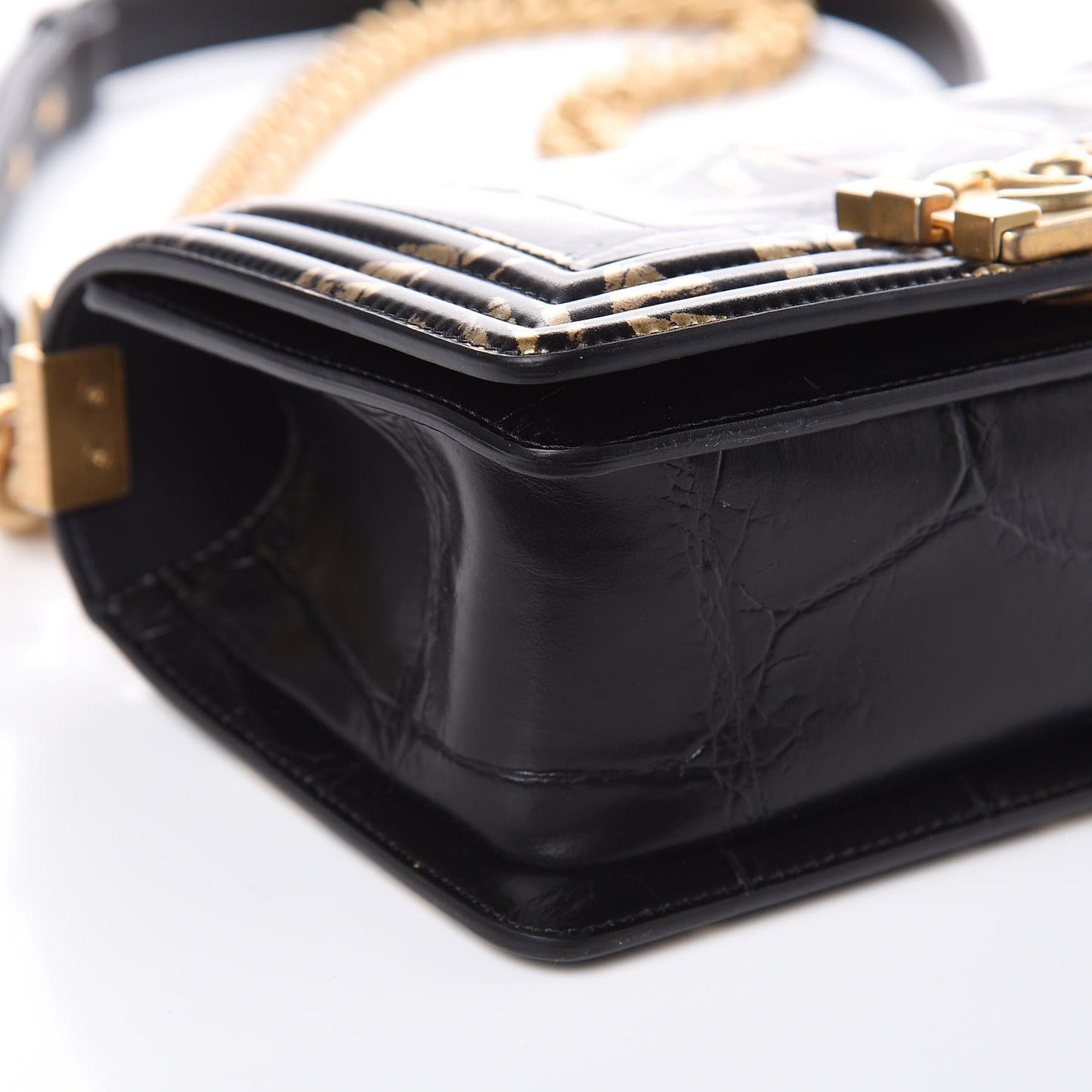 Calfskin Crocodile Embossed Graffiti Cocodile Small Boy Flap Black Gold