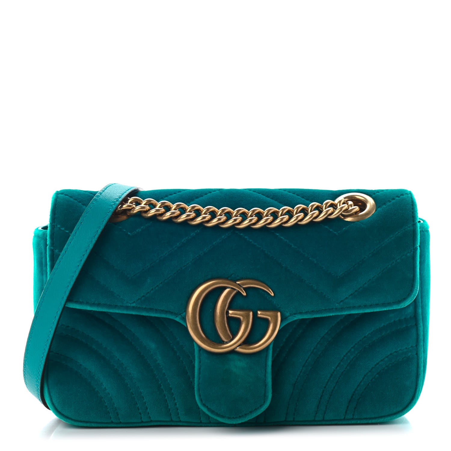 Gucci Velvet Matelasse Mini GG Marmont Shoulder Bag Pavone Cyan 1 of 8