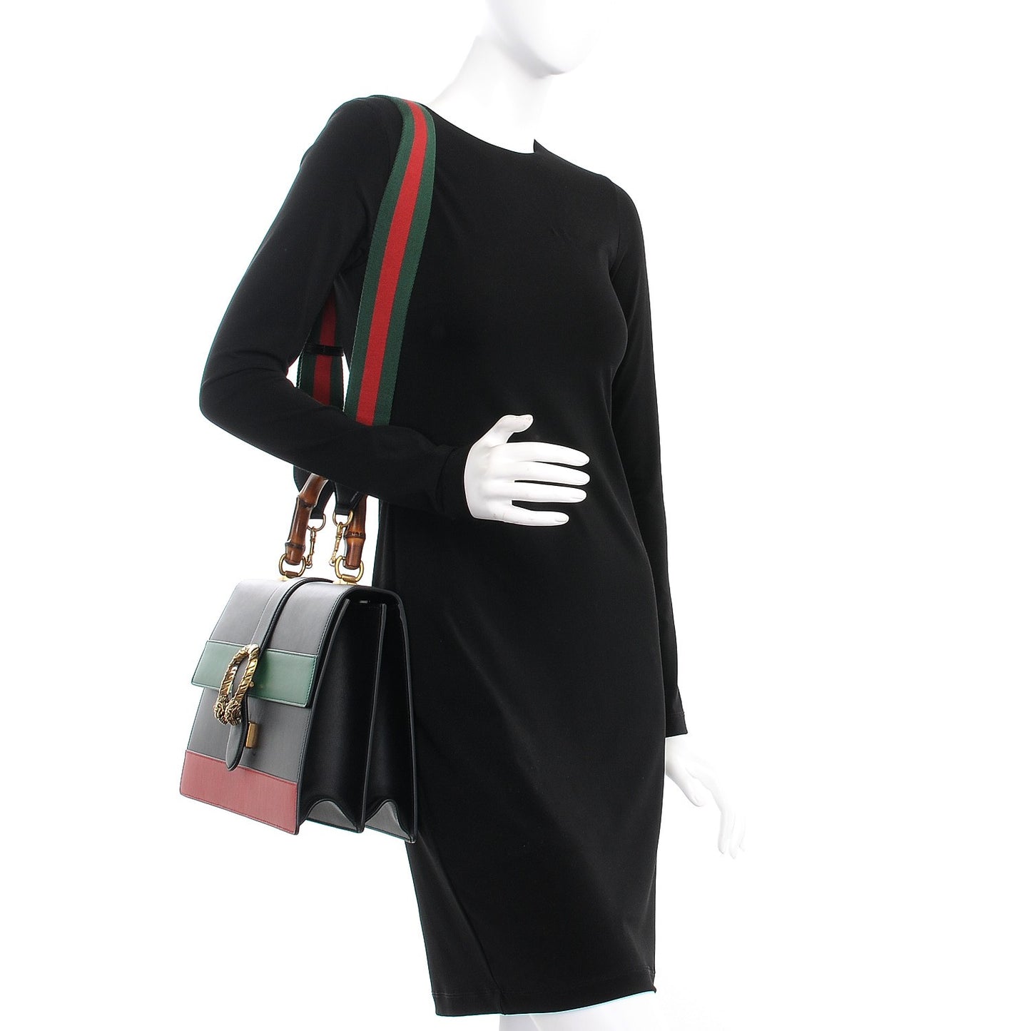 Calfskin Bamboo Web Large Dionysus Top Handle Bag Black Bright Evergreen Hibiscus Red
