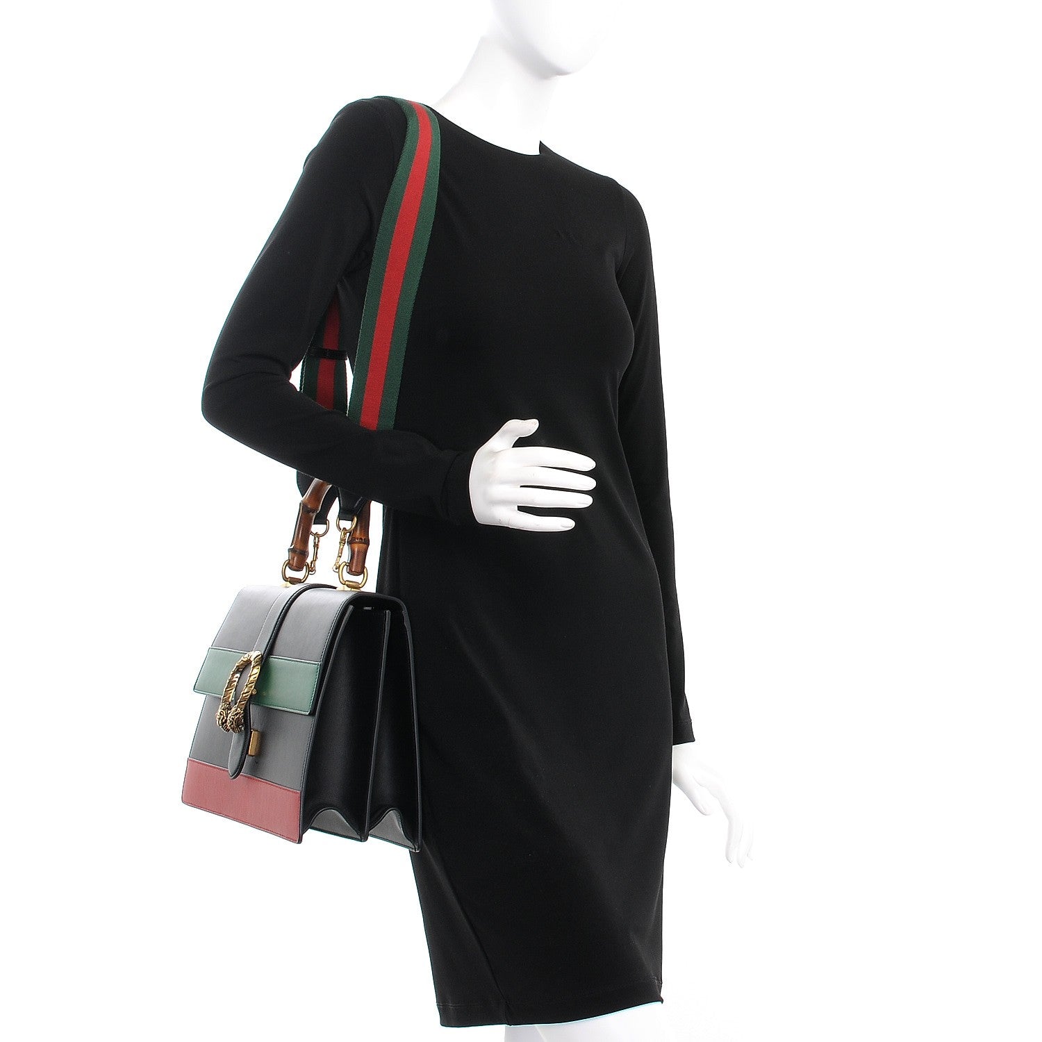 Gucci Calfskin Bamboo Web Large Dionysus Top Handle Bag Black Bright Evergreen Hibiscus Red 2 of 12