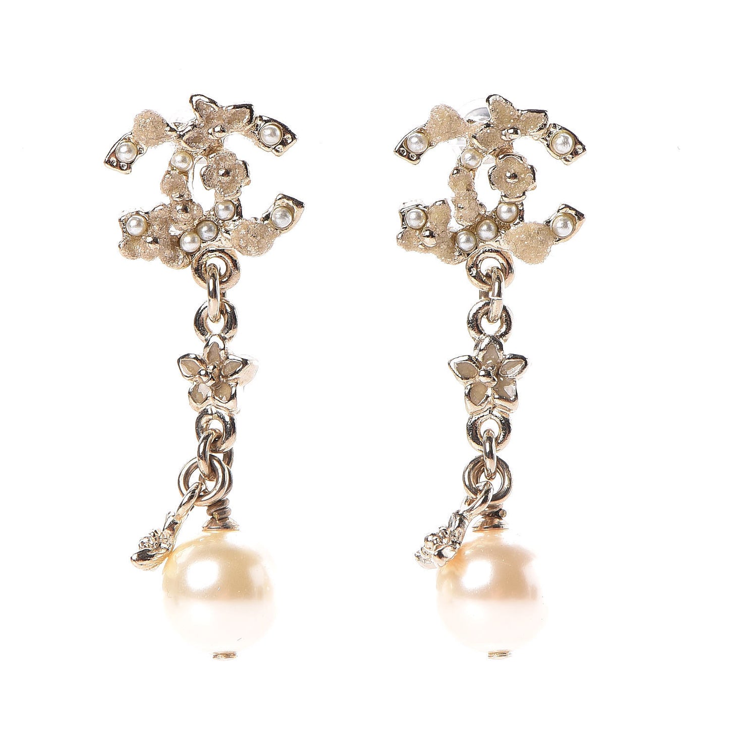 Pearl Crystal CC Flower Drop Earrings Gold White Nacre