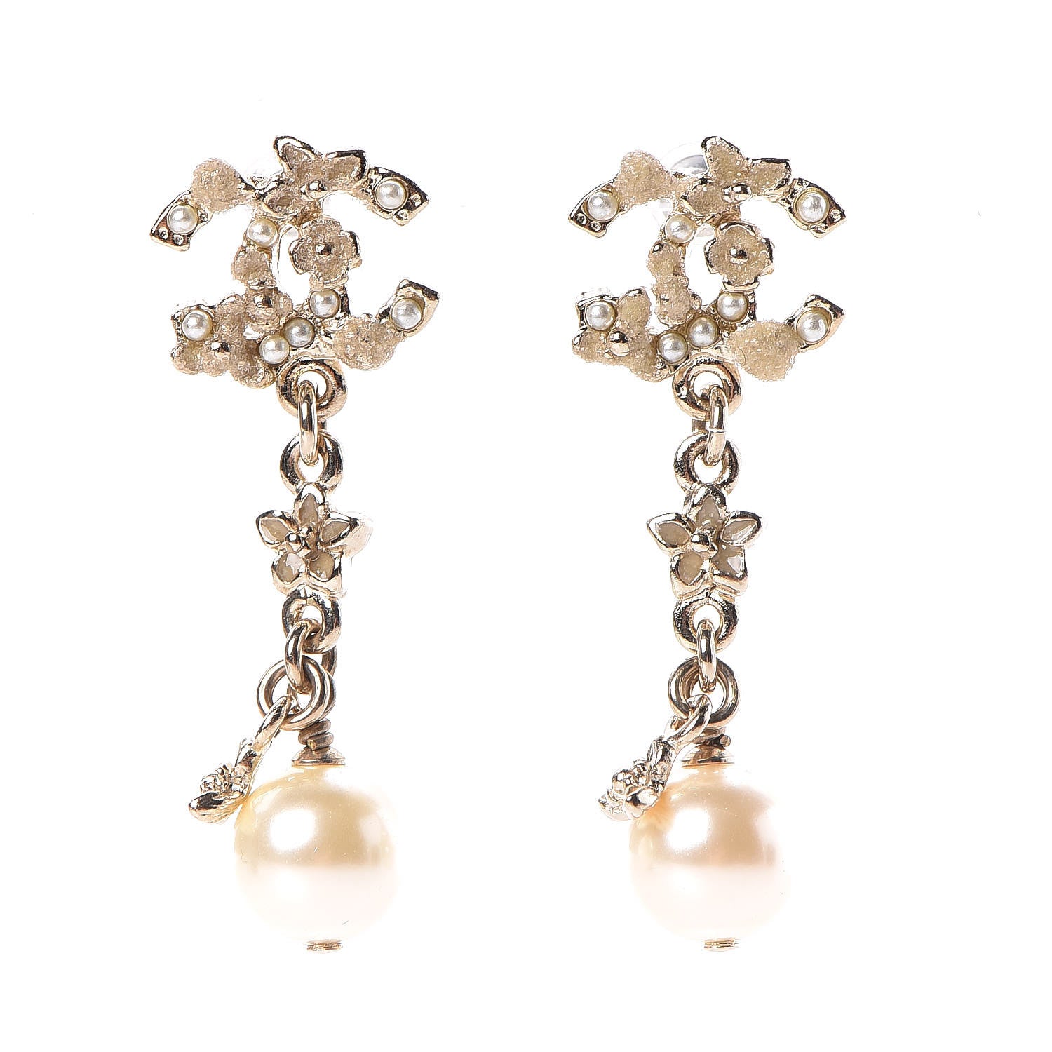 Chanel Pearl Crystal CC Flower Drop Earrings Gold White Nacre 1 of 5