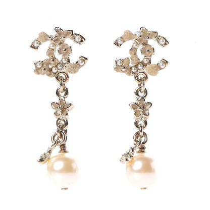 Chanel Pearl Crystal CC Flower Drop Earrings Gold White Nacre 1 of 5