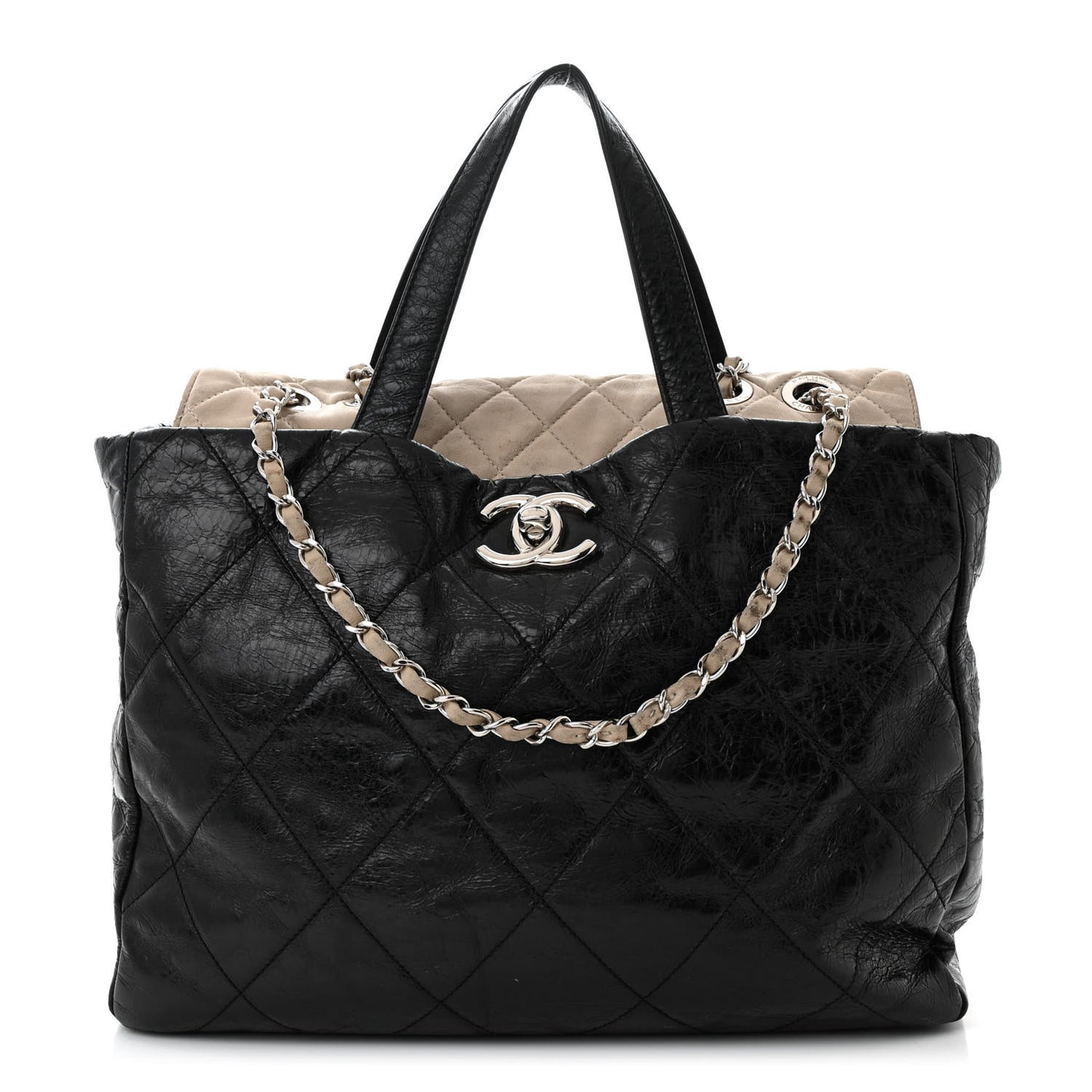 Glazed Calfskin Quilted Portobello Tote Black Beige