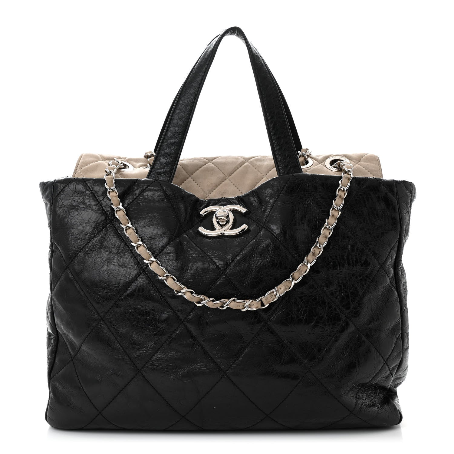 Chanel Glazed Calfskin Quilted Portobello Tote Black Beige 1 of 14