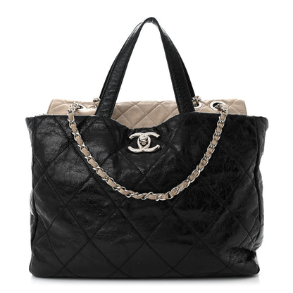 Chanel Glazed Calfskin Quilted Portobello Tote Black Beige 1 of 14