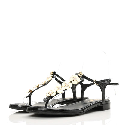 Chanel Crackled Patent Calfskin Pearl Camellia Thong Sandals 36 Black 3 of 9