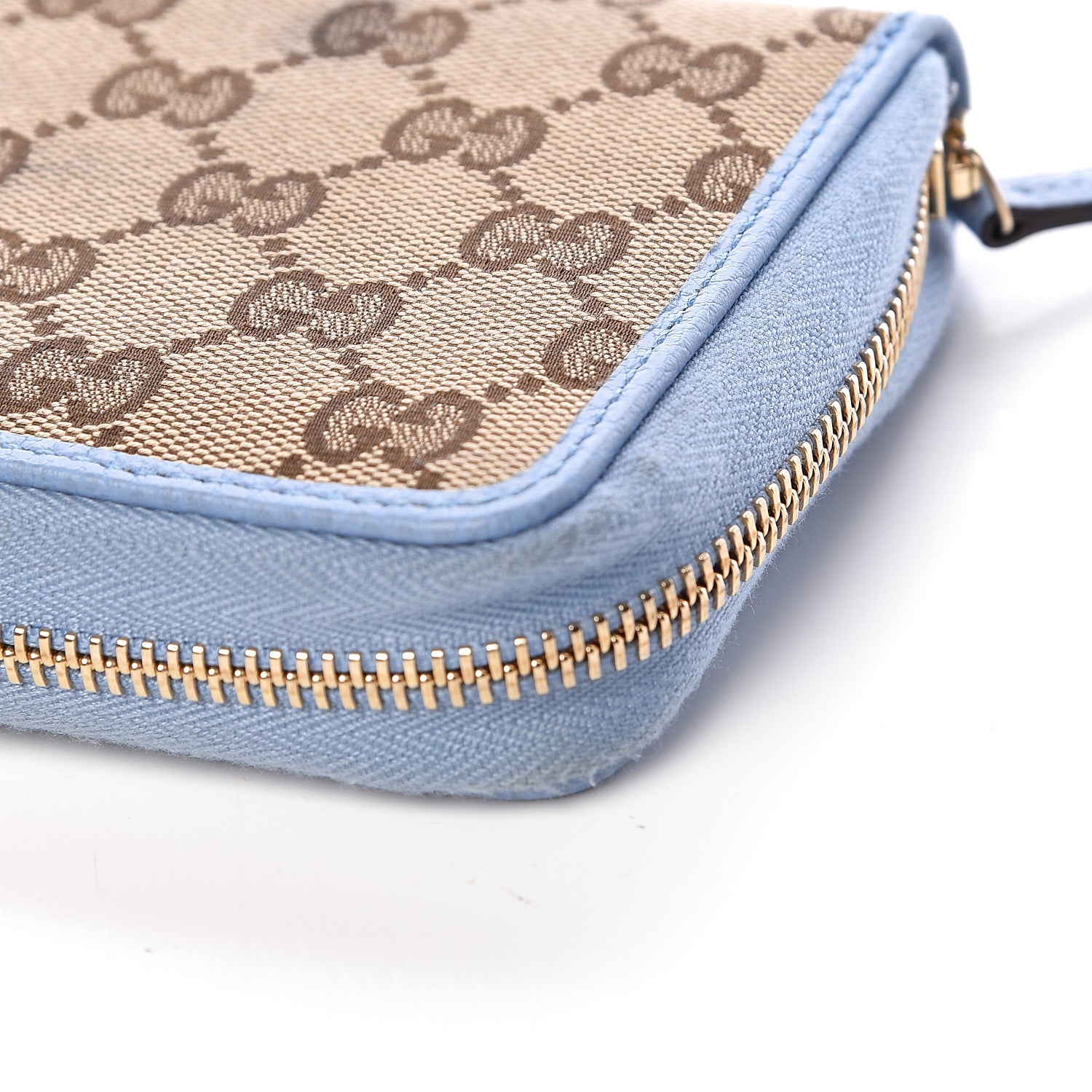 Gucci Monogram Dollar Calfskin Zip Around Compact Wallet Beige Ebony Mineral Blue 11 of 13