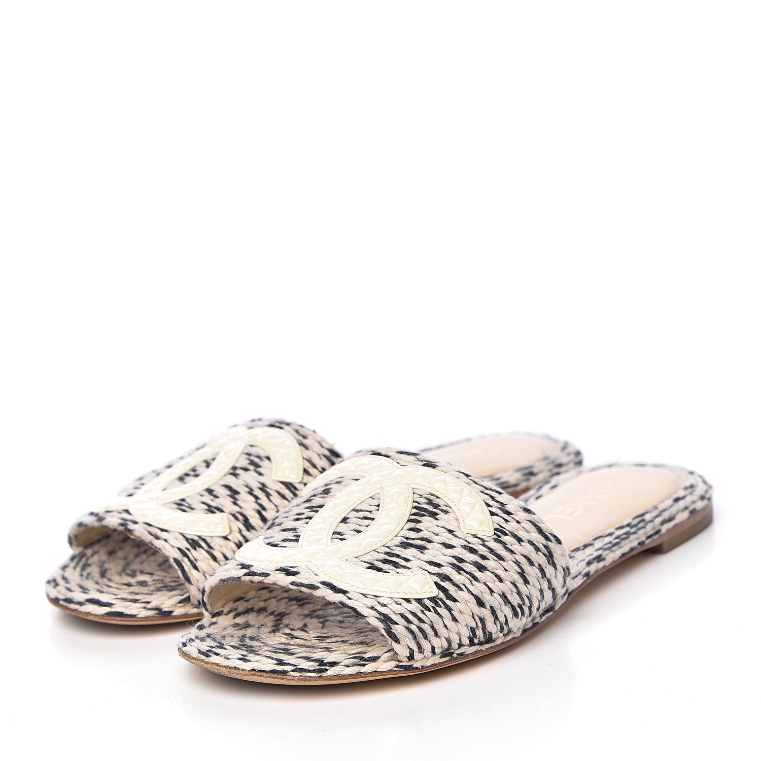 Chanel Cord CC Slip On Sandals 37 Beige Black 3 of 18