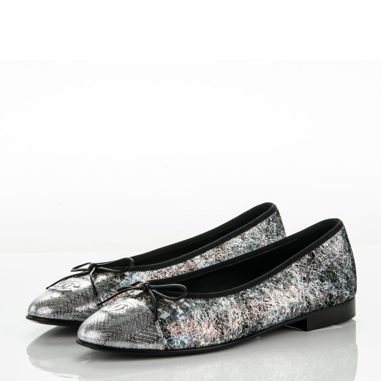 Metallic Calfskin Hologram Cap Toe Ballerina Flats 38.5 Silver