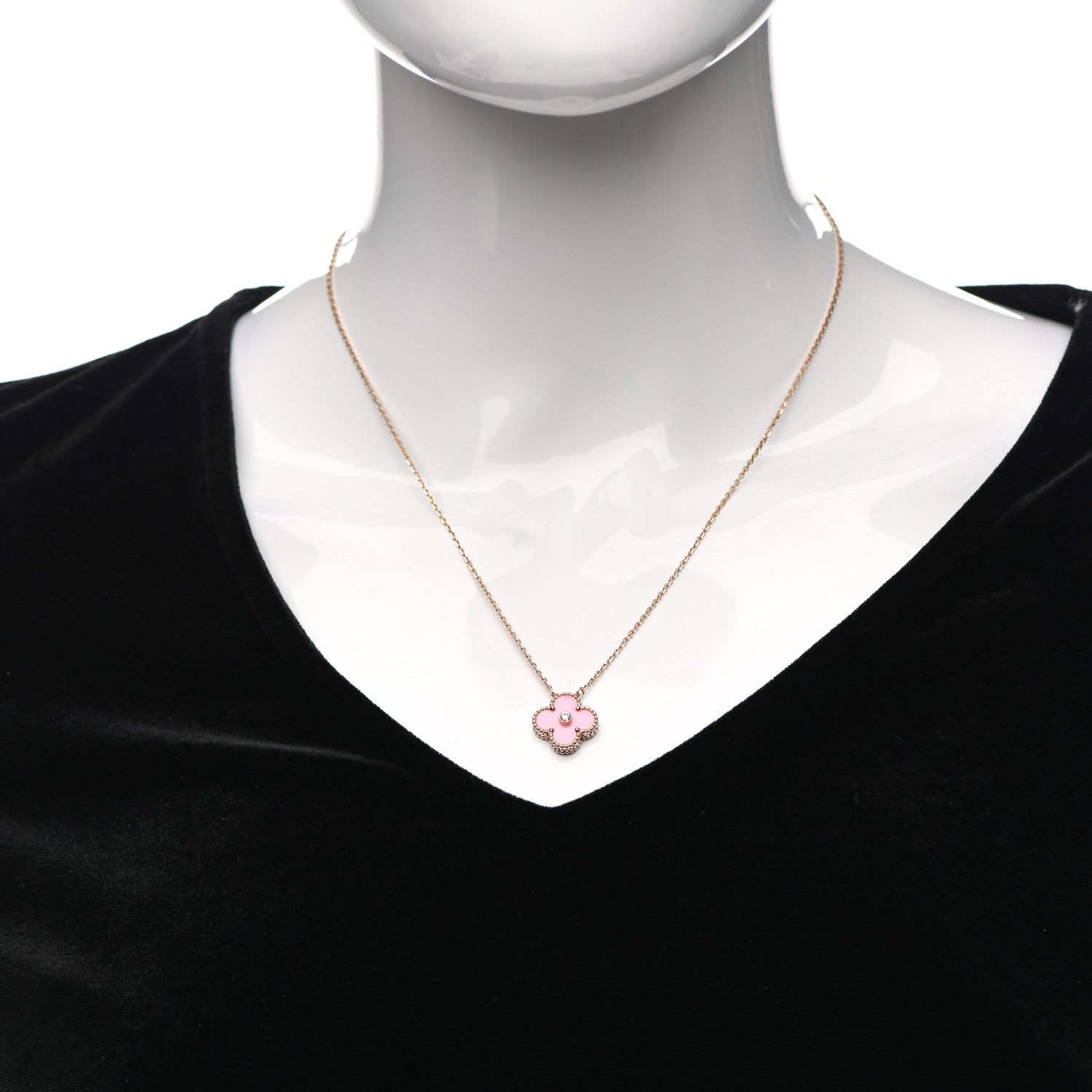 Van Cleef & Arpels 18K Rose Gold Diamond Pink Porcelain Vintage Alhambra Pendant Necklace 2 of 6